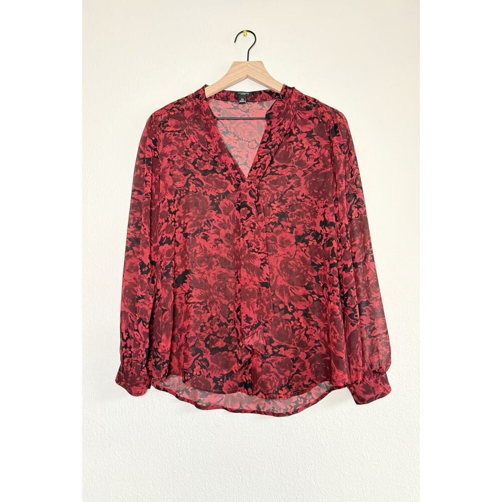 ANN TAYLOR chiffon blouse sheer red black rose print‎ with tie scarf Size Small